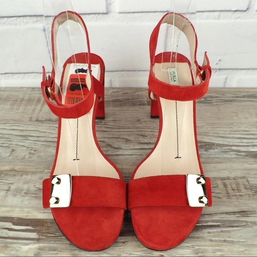 FURLA sz 39.5 METROPOLIS SANDAL ANKLE STRAP PEPERONCINO red suede strappy
